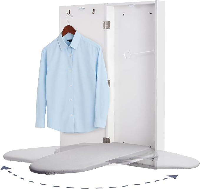 Ivation Wall-Mounted Swivel Ironing Board Cabinet, Foldable Ironing Storage Station for Home, Apartment, Easy-Release Lever, Garment Hooks, White
