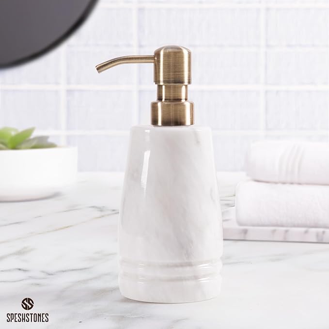 Marble Soap Dispenser 7.5'' White Dish Soap Dispenser with Stainless Steel Pump, Refillable Liquid Hand Soap Dispenser with 8.5 Oz Capacity for Kitchen Sink and Bathroom Countertop