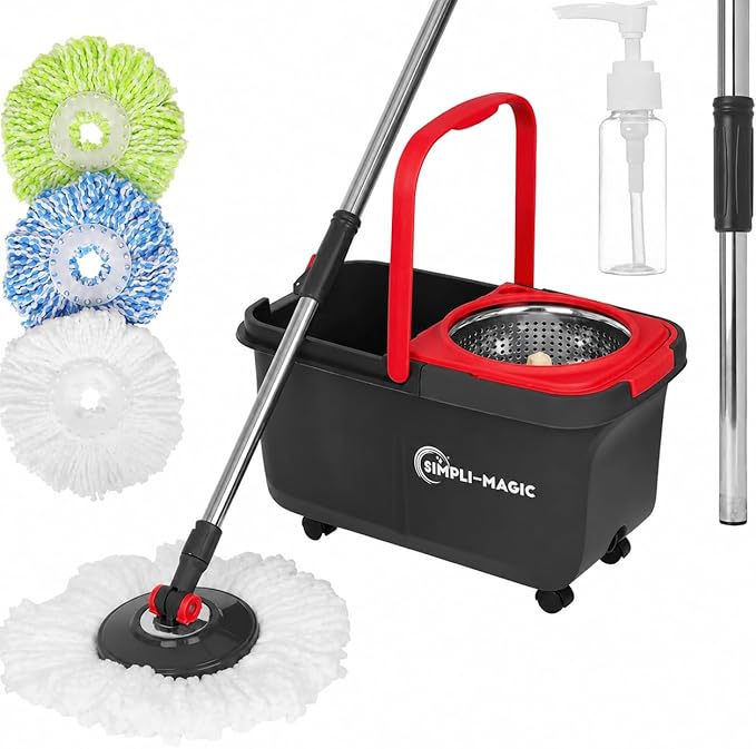 Simpli-Magic 360° Spin Mop and Bucket with Wringer – 3 High-Absorbent Microfiber Washable Heads, Soap Dispenser – Spinning Mop and Bucket Set for All Types Floor Cleaning
