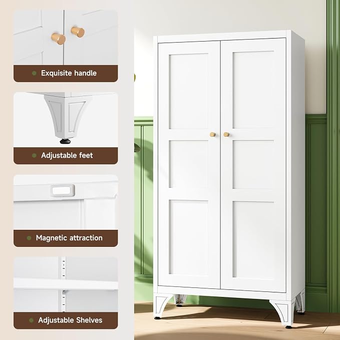 Metal Storage Cabinet with Doors and Shelves,47.3" H Bathroom Floor Kitchen Pantry Utility Cupboard Dining Home Office/Garage Organizers,White