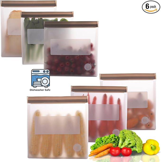Reusable Food Storage Bags – 6-Pack Stand-Up, BPA-Free, Freezer, Dishwasher Safe & Eco-Friendly – 6 Gallon Bags – Airtight Leakproof, Organization and Storage Baggies (Grey)