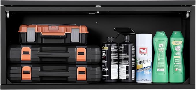 VEVOR Metal Wall Cabinet, 30.31W x 12.01D x 14.02H Inch, Floating Garage Tool Cabinet with Up-Flip Door, 120 lbs Load per Shelf, Fit for Garage, Basement, Kitchen, Warehouse, Assembly Required