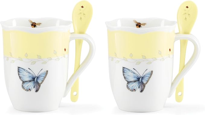 Lenox 897804 Butterfly Meadow Color Mugs With Spoons, Set Of 2, Yellow