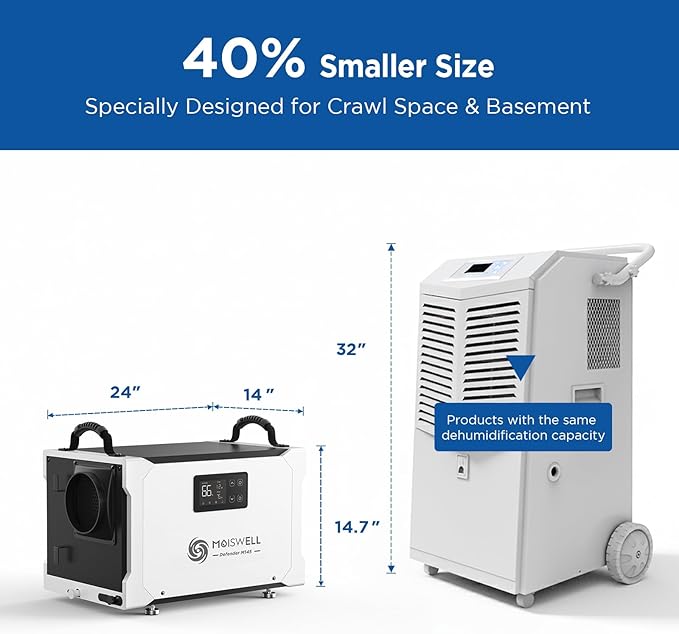 155 Pint Commercial Dehumidifier with Drain Hose for Crawl Spaces, Basements, Industry Water Damage Unit, Large Capacity, Compact, Portable, Auto Defrost, Memory Starting