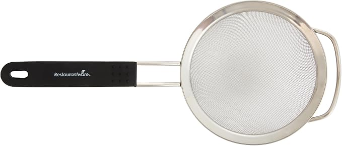 Restaurantware Fine Mesh Strainer 1 Count 15" x 7.8" x 3" with Silicone Handle Stainless Steel Extra Fine Mesh Strainer Heat-Resistant Handle Dishwasher-Safe for Rice, Quinoa, Pasta