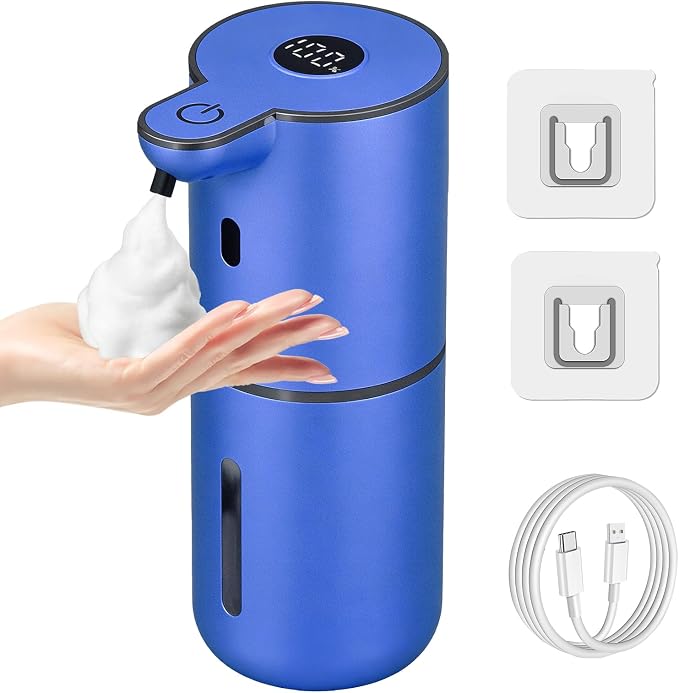 OHIFAST Automatic Foaming Soap Dispenser Touchless, USB Rechargeable Smart Hand Soap Dispenser, 6-Level Adjustable, 12.8oz/380mL Wall Mounted for Bathroom Kitchen Dish Soap-Blue