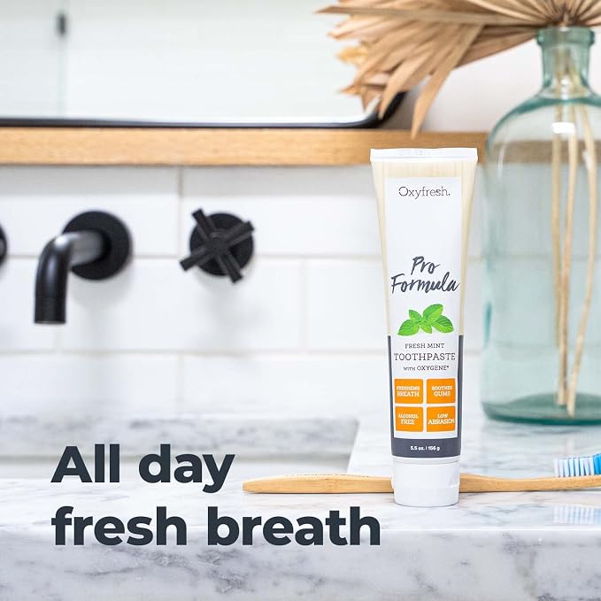 Oxyfresh Pro Formula Fresh Mint Toothpaste – Gentle Low Abrasion - Cosmetic Fluoride Free - for Bad Breath, Sensitive Teeth and Gums with Natural Essential Oils - 5.5 oz | Gentle Low Abrasion – Cosmetic Fluoride Free Formula – Perfect for Sensitive Tee...