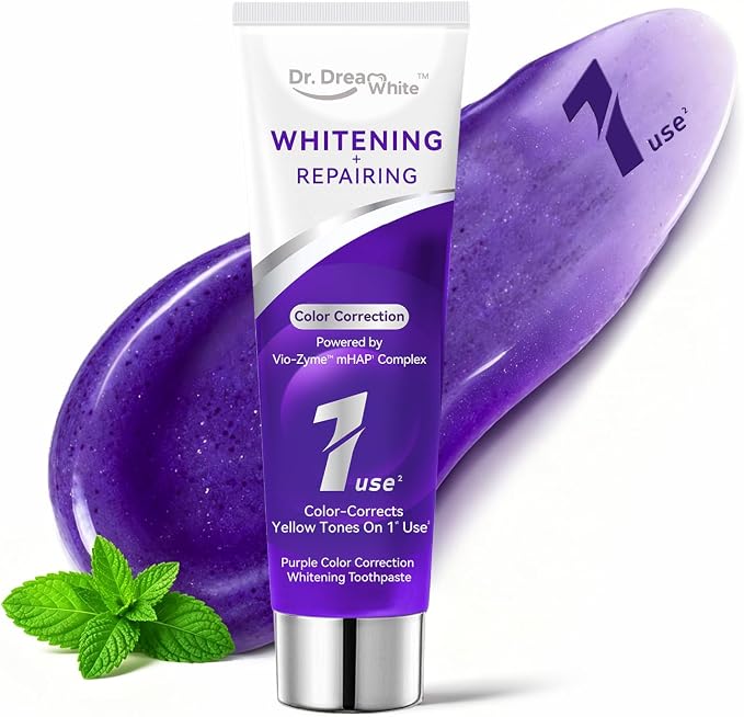 Dr.DreamWhite Purple Color Correction Whitening Toothpaste, 4oz | for Yellow & Sensitive Teeth | VIO-Zyme mHAP Formula, Instantly Brightens, 24H Stain Defense, Fluoride-Free