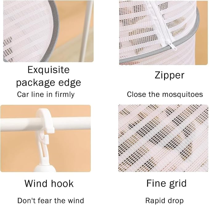 Foldable Drying Net for Vegetables, Fish, and Dehydrated Goods, Multi-tiered Food Drying Net, Versatile Drying Rack, Windproof Design, Zipper Closure for Insect Protection (White, Triple Layer)