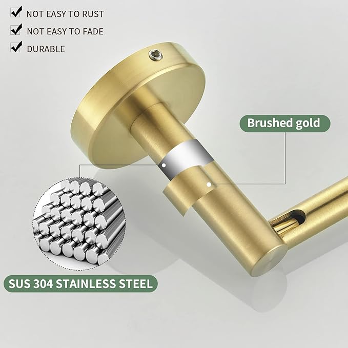 Gold Bathroom Hardware Set, Brushed Gold Toilet Paper Holder Towel Ring 2 Robe Hooks Wall Mount Hand Towel Holder Bath Accessories Stainless Steel, 4 Pieces