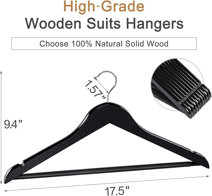 TOPIA HANGER Wooden Coat Hangers 30 Pack, Black Wood Suit Hangers with Non Slip Pants Bar, 360° Swivel Hook and Shoulder Notches for Camisole, Jacket, Pants, Smooth Finish Clothes Hangers -CT34B30