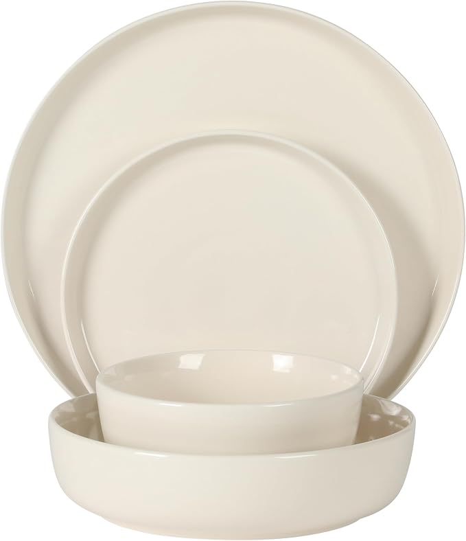 Gibson Home Serenity 16 Piece Modern Porcelain Dinnerware Set for 4, Linen White Plates and Bowls Set, Dinner Plates, Salad Plates, Pasta Bowls, Cereal Bowls