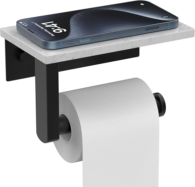 Marble Toilet Paper Holder with Shelf, Evolvegoods Matte Black Bathroom Toilet Paper Holder Wall Mount, 304 Stainless Steel Modern Toilet Paper Roll Holder Storage Tissue Holder