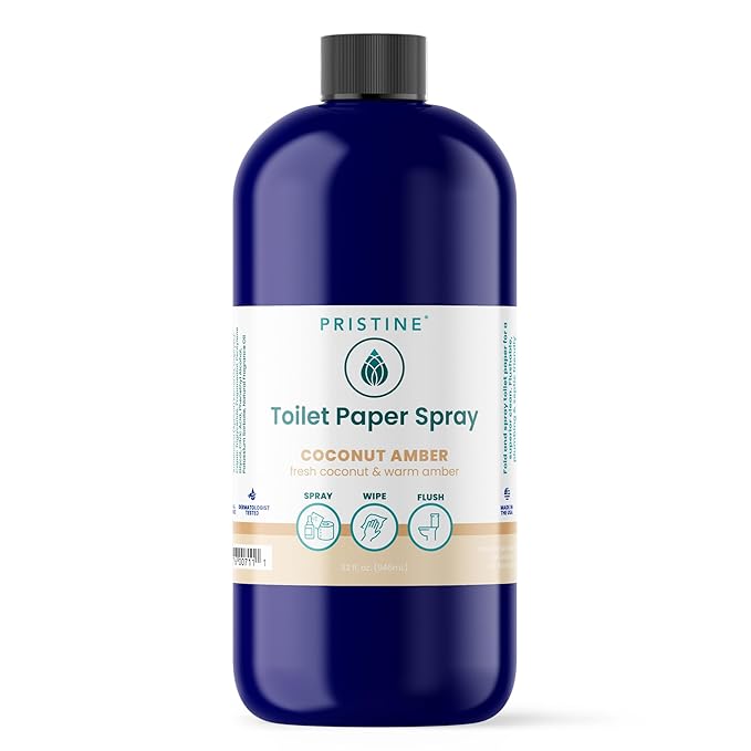 PRISTINE Toilet Paper Spray, As Seen on Shark Tank, Flushable Wipe Alternative, Personal Cleansing Bathroom Spray for Regular Toilet Tissue, Bidet Alternative, Made in USA, Coco Amber, 32oz