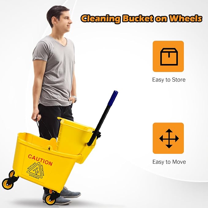 ARLIME Commercial Mop Bucket with Wringer, 35 Quart Capacity Portable Wringer Trolley, Side Press Floor Cleaning Wavebrake w/Handle, Small Mop Bucket on Wheels for Home, Industrial, Yellow | Portable Wringer Trolley, Side Press Floor Cleaning Wavebrake...
