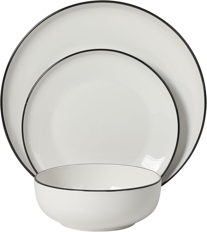 Gibson Home Havenstone 12-Piece Porcelain Dinnerware Set – Dinner Plates, Salad Plates & Bowls, Classic White With Black Rim Everyday Dish Set for Home, Kitchen, Microwave & Dishwasher Safe