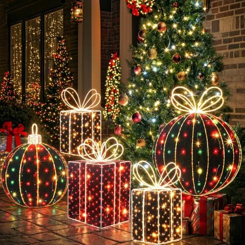 Woanger 5 Pcs Christmas Decorations Outdoor Lighted Metal Flat Gift Boxes