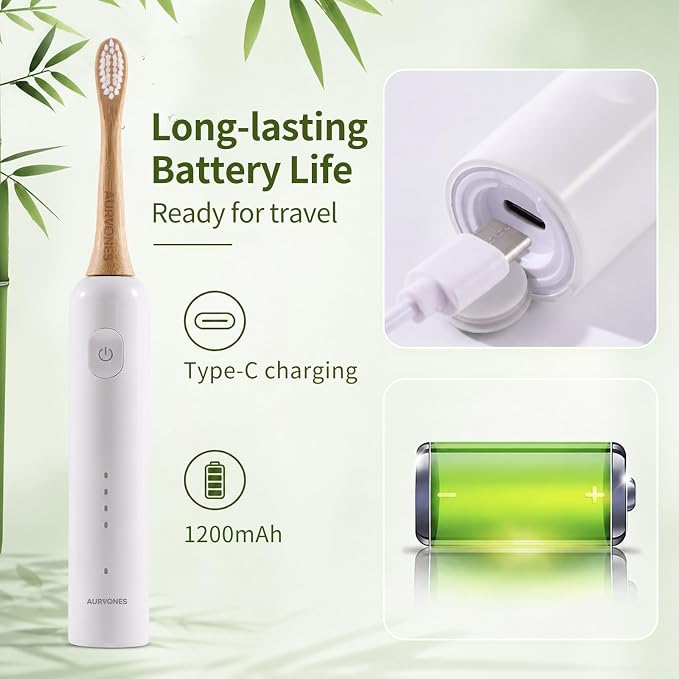 Ultrasonic Oscillating Electric Toothbrush with Bamboo Heads | Wave Bamboo Electric Toothbrush with Smart Timer, Sweeping & Vibrating, 4 Modes, IPX7 Waterproof, 90-Day Battery Life