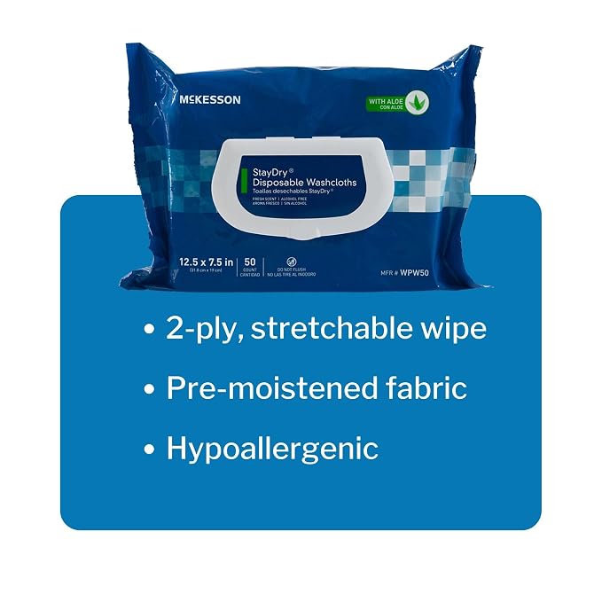 McKesson Disposable Wipe 1 Pack, 100 Washcloths - Large Adult Body and Incontinence Washcloths with Aloe and Vitamin E, Alcohol-Free, 100 Wipes Per Pack