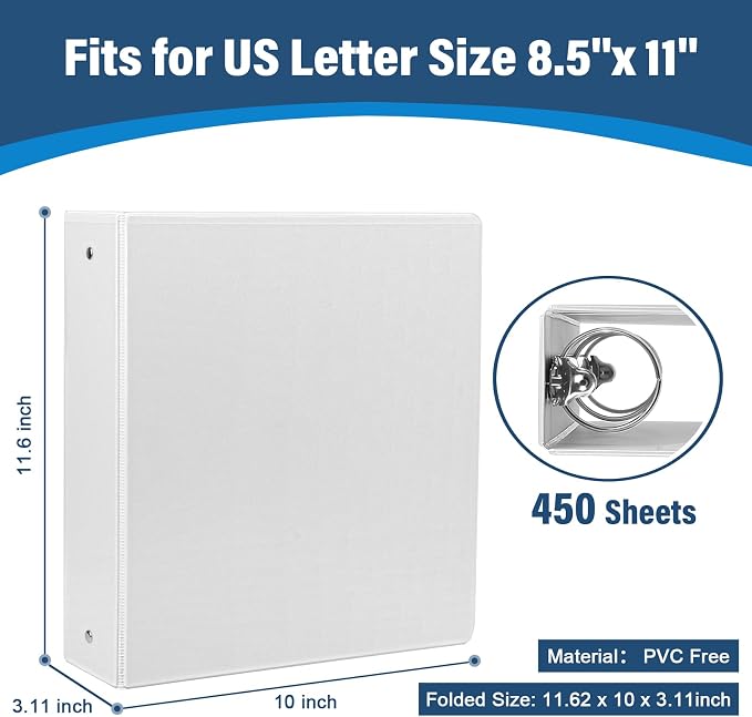 2-Inch 3-Ring Binder with Pockets, 2’’ Premium View Binders with Three Ring Binders Holds up to 450 Sheets US Letter Size, Bulk Pack of 6, Perfect for Home, Office, and School(XY014-WH)