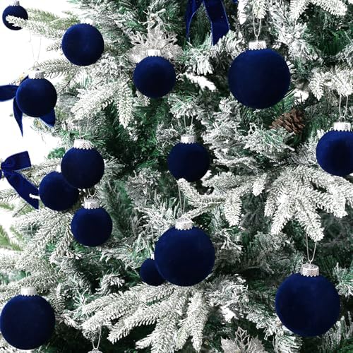 Navy Blue Velvet Christmas Ball Ornaments-46pcs Flocked Tree Decorations