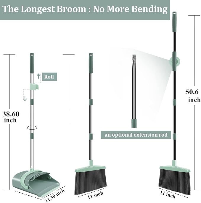 Ivandar Broom and Dustpan Set for Home, Dust pan with Long Handle, Broom with Dustpan Combo Set, for Home Kitchen Room Office Lobby Floor Use Upright Stand Up Sweeping (Gray&Green)