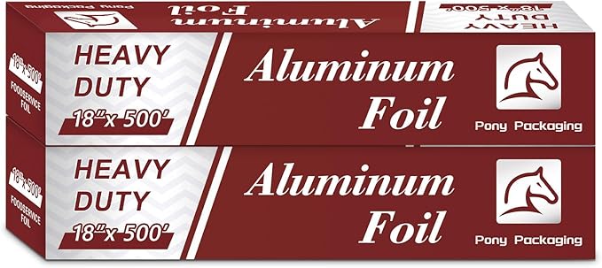 Aluminum Foil Heavy Duty 18 inch Wide, 500 FT Heavy Duty Food Safe Foil Wrap for Cooking, Baking, Grilling, (Pack of 2) Pony Packaging Aluminum Roll 23 Microns Thick - Commercial Grade