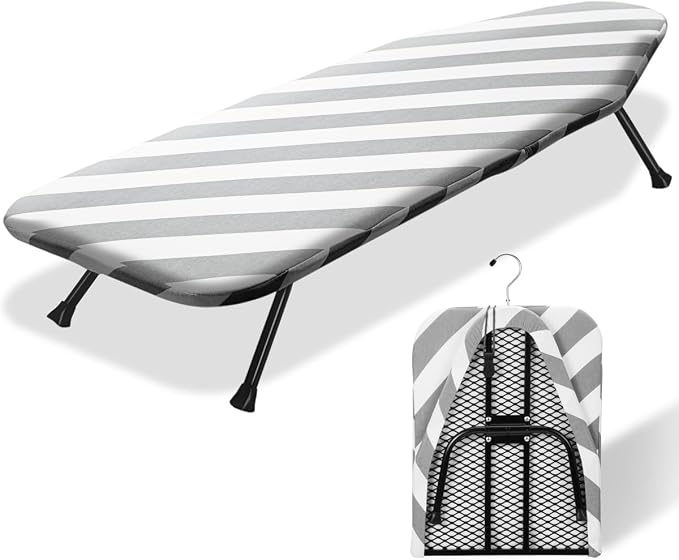 SheeChung Small Ironing Board 12"x32",Mini Ironing Board with Metal Mesh | Foldable,Tabletop,Hanging Hook,Cotton Cover,Heat Resistant Pad,Space Saving,Non-Slip Feet,Fits for Dorm Travel Sewing Room