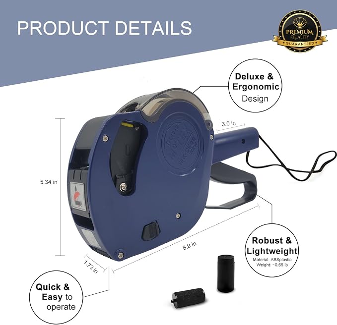 Motex MX-5500 New Version 1 Line 8 Digits Price Tag Gun – Pre-Loaded 1,000 White Sticker Labels and Pre-Loaded Inker with 1 Ink Refill - for Grocery Store, Retail Shop, Garage Sale (Dark Blue)
