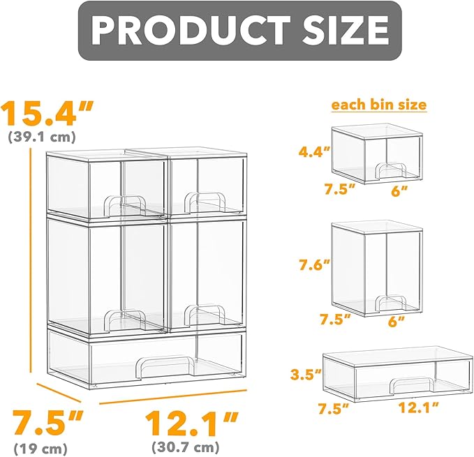 SpaceAid Bottle Storage Organizer Baby - Acrylic Bottles Station Organizer Container, Stackable Clear Drawers for Countertop, Vanity, Bathroom, Cabinet, Pantry Organization, 5 Pack, 2S2M1L, 15.4"H