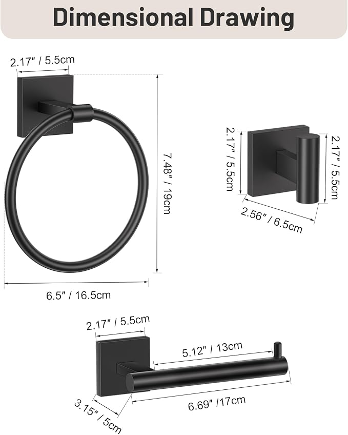 Towel Ring Set 4 Piece Bathroom Hardware Set Includes Towel Ring 2 Towel Hooks and Toilet Paper Holder Stainless Steel Wall Mounted (Matte Black)