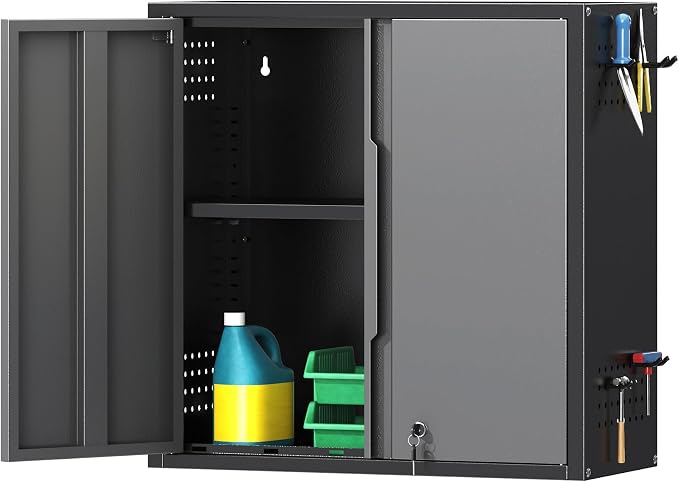 Coolsun Garage Wall Cabinet, 26" H Metal Wall Cabinet with Lockable Doors and Adjustable Shelf, Wall Mounted Metal Storage Cabinets for Garage Assembly Required (26" H Black Gray)