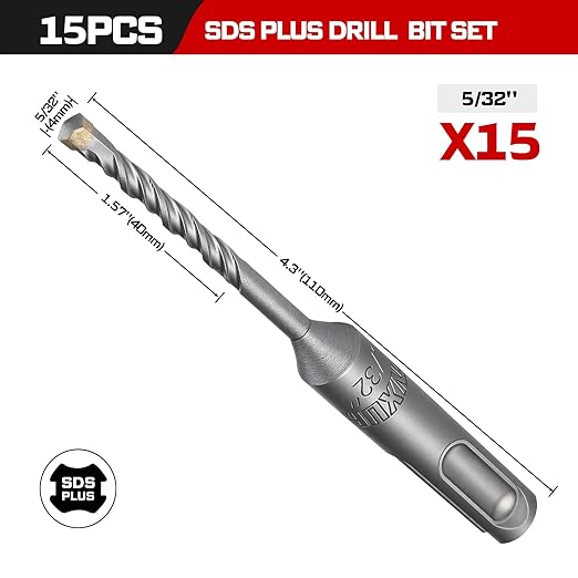 GEINXURN 15 PCS 5/32" x 4" Double Thread Rotary Hammer Drill Bits, Masonry Drill Bits Tool Set Carbide Tipped, Drilling in Brick, Stone and Concrete, Cement Walls