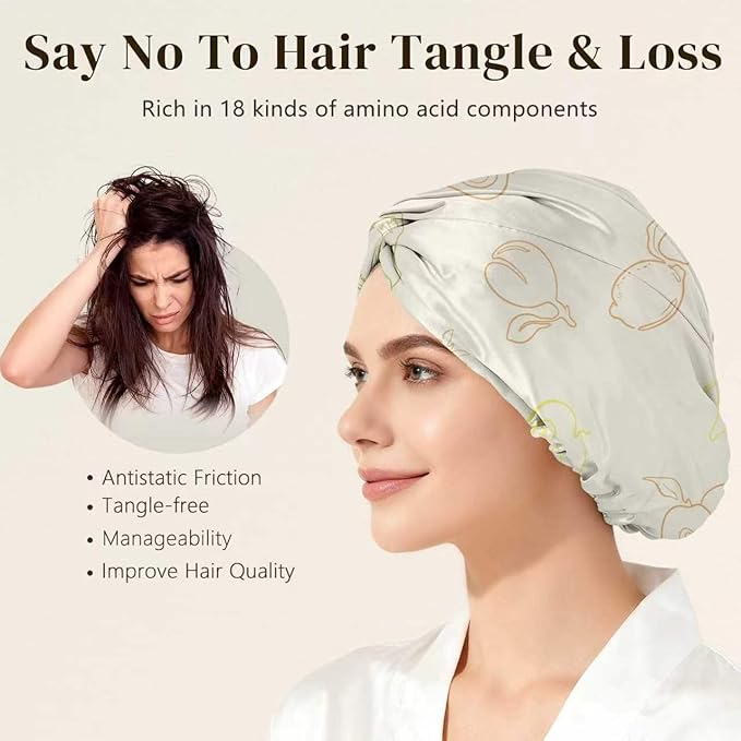 ZIMASILK 22 Momme 100% Mulberry Silk Bonnet for Sleeping & Women Hair Care, Highest Grade 6A Silk Hair wrap for Sleeping with Premium Elastic Stay On Head (1Pc, Ivory - Fruit Line Art)