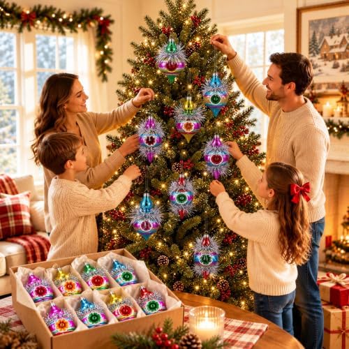 Soulchen 8 Pcs Vintage Glass Christmas Finial Ornaments Reflector for Tree