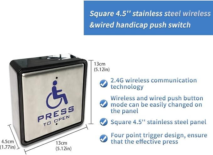 Automatic Door Opener for Disabled with Wireless&Wired 2-in-1 4.5'' Square Handicap Push Button Olide-510 with Both Inswing and Outswing Arms