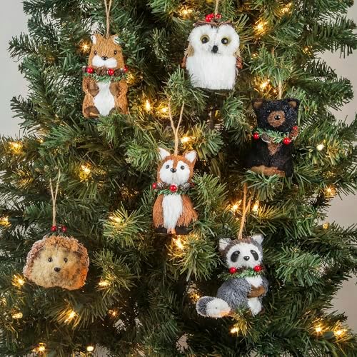 naturevibe Sisal Woodland Animals Christmas Tree Ornaments Mini Set of 6