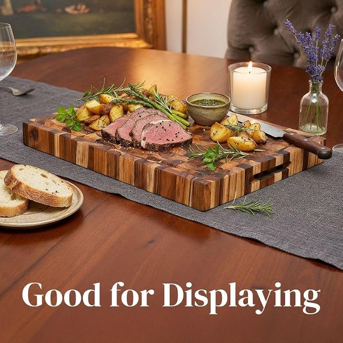 Teak Wood End Grain Cutting Board 16 x 11 Inch, Extra Thick 1.5 Inch Butcher Block for Meat & Kitchen Prep, Solid Non-toxic Wood Cutting Board with Juice Groove by New M Way