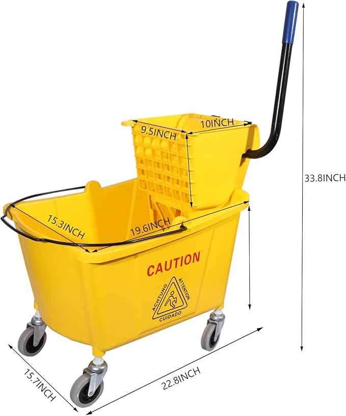 Midoneat Commercial Mop Bucket with Side Press Wringer on Wheels | 35 Quart, Yellow, Including One Commercial Mop