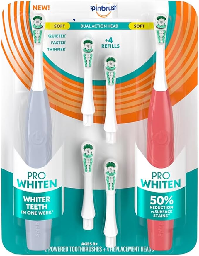 Spinbrush Pro Whiten Battery Powered Electric Toothbrush Bundle, (2) Toothbrushes + (4) Replacement Heads, Whiter Teeth in 1 Week, Dual Action Whitening Cup & Soft Bristles, ADA Accepted, Family Pack