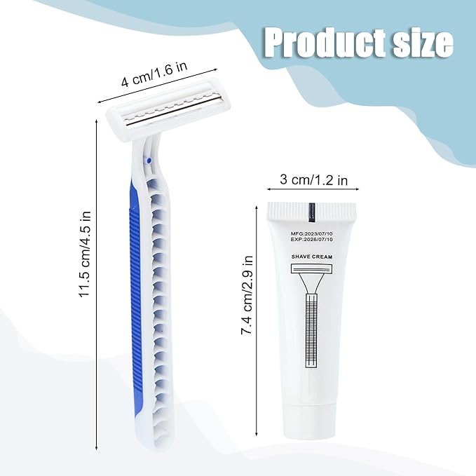 Disposable Razors in Bulk Pack of 30,Blue Disposable Shaving Razors Individual Wrapped Twin Blade Bulk Disposable Razors with Clear Cap and 10g Shaving Cream for Homeless,Hotel,Travel,Charity,Shelter