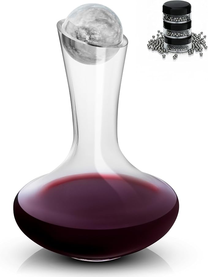 Gusto Nostro Crystal Wine Decanter with Marble Stopper - Premium Hand-Blown Lead-Free Glass Wine Decanter for Red Wines - 750ml Carafe for Wines with Natural Stone Round Stopper - Sleek Slanted Design