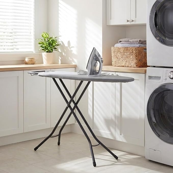 Household Essentials Ultra Ironing Board, 4-Leg, with Steel Top and Iron Rest, Cotton Cover with Fiber Pad, Heat and Stain Resistant, Matte Black Frame, Grey Cover