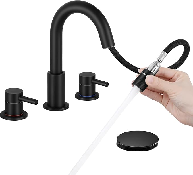 Matte Black Pull Down Bathroom Faucet 3 Hole with Pop Up Drain, Bathroom Sink Faucet with Pull Down Sprayer 2 Modes, 8 inch Widespread Gold Faucet for Bathroom Sink, 2 Handle Vanity Faucet