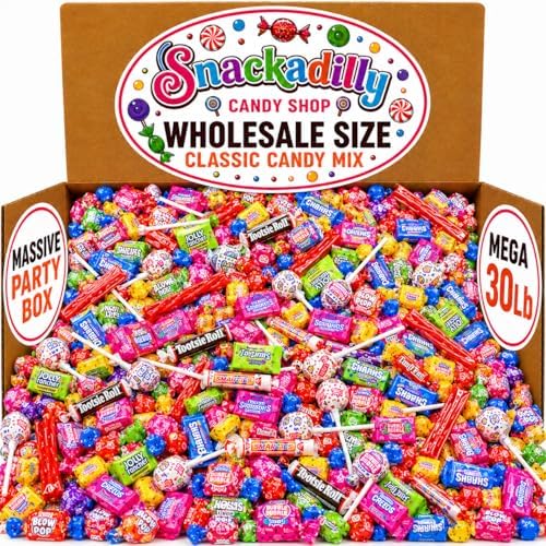 Snackadilly Bulk Candy Variety Pack, 30 lb Box - Individually Wrapped Halloween Candy for Party Favors, Pinatas, Goodie Bags, Schools, Offices & Holidays