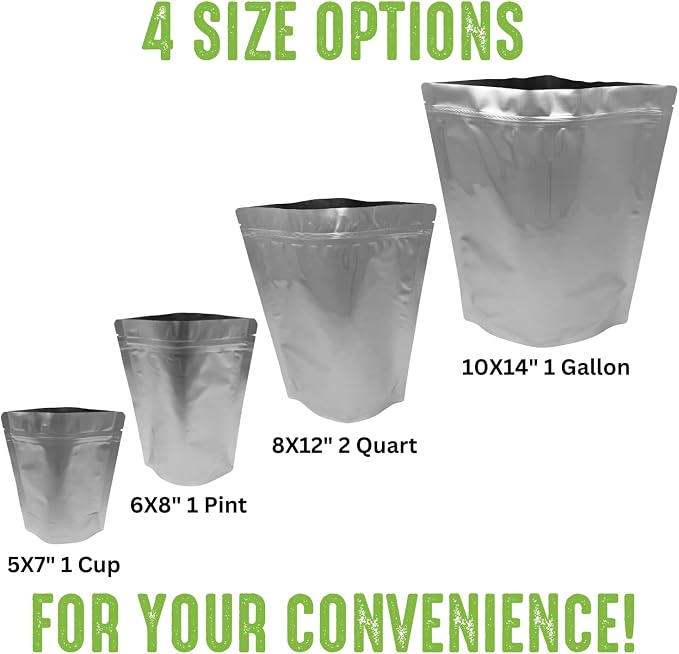 50 Mylar Bags for Food Storage, Airtight 7-Mil Thick Gusseted Zip Lock, Long Term, Reusable, Emergency Food Supply & Freeze Dryer Bags - 1 Pint 6x8 Inch