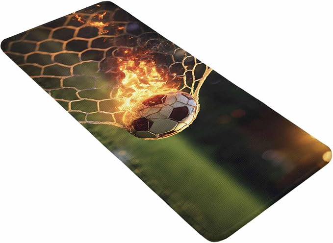 Flaming Soccer Bathroom Runner Rugs Non Slip Washable Absorbent Narrow Long Bath Mat Goal Net Powerful Fire Orange Grass Green Runner Rugs for Kitchen Hallway Bedroom Laundry Study Room 19.7"x63"