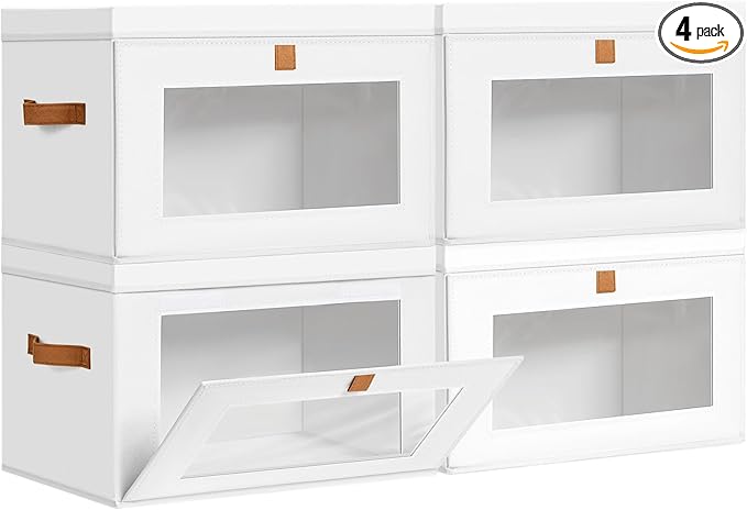 DIMJ Storage Bins with Lids - 4 Pack Large Fabric Closet Organizer with Window & Handles, Collapsible Decorative Storage Boxes for Shelves Under Bed, Books Clothes Blankets Sweaters Organization