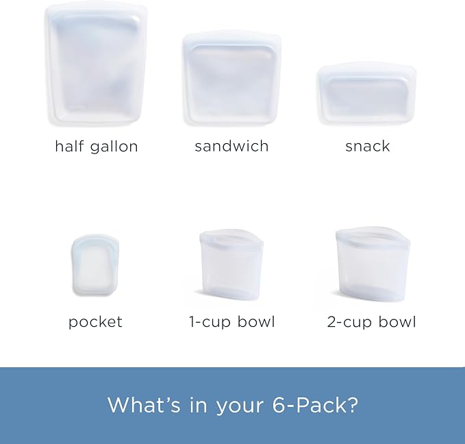 Stasher Premium Reusable Silicone Food Storage Bags, 6-Pack, Clear | Food-Safe Silicone, Eco-Friendly, Reusable Freezer Bags, Microwave, Dishwasher, Oven, Snack Bags, Lunch Containers, Meal Prep