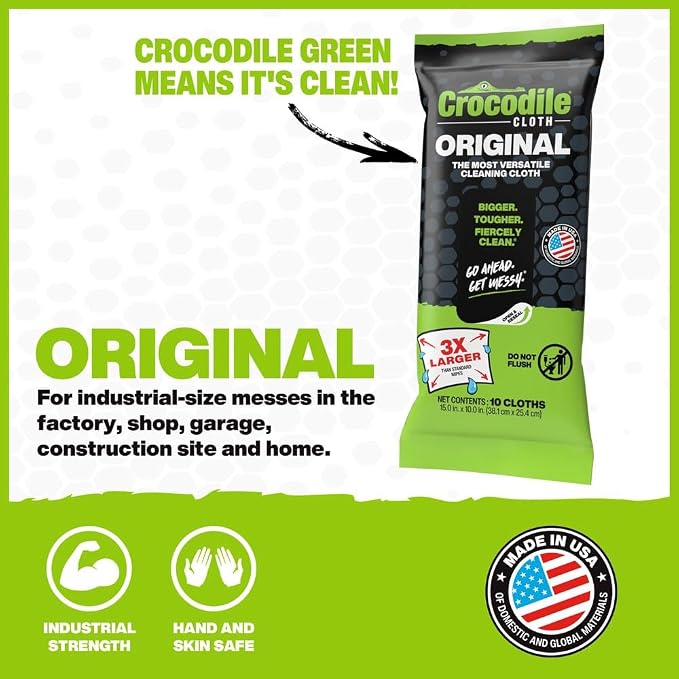 Crocodile Cloth Original Cleaning Wipes, Heavy-Duty Multi-Surface Hand & Tool Wipes, Water-Based, Safe on Skin, 10 Count, 15 x 10 Inch